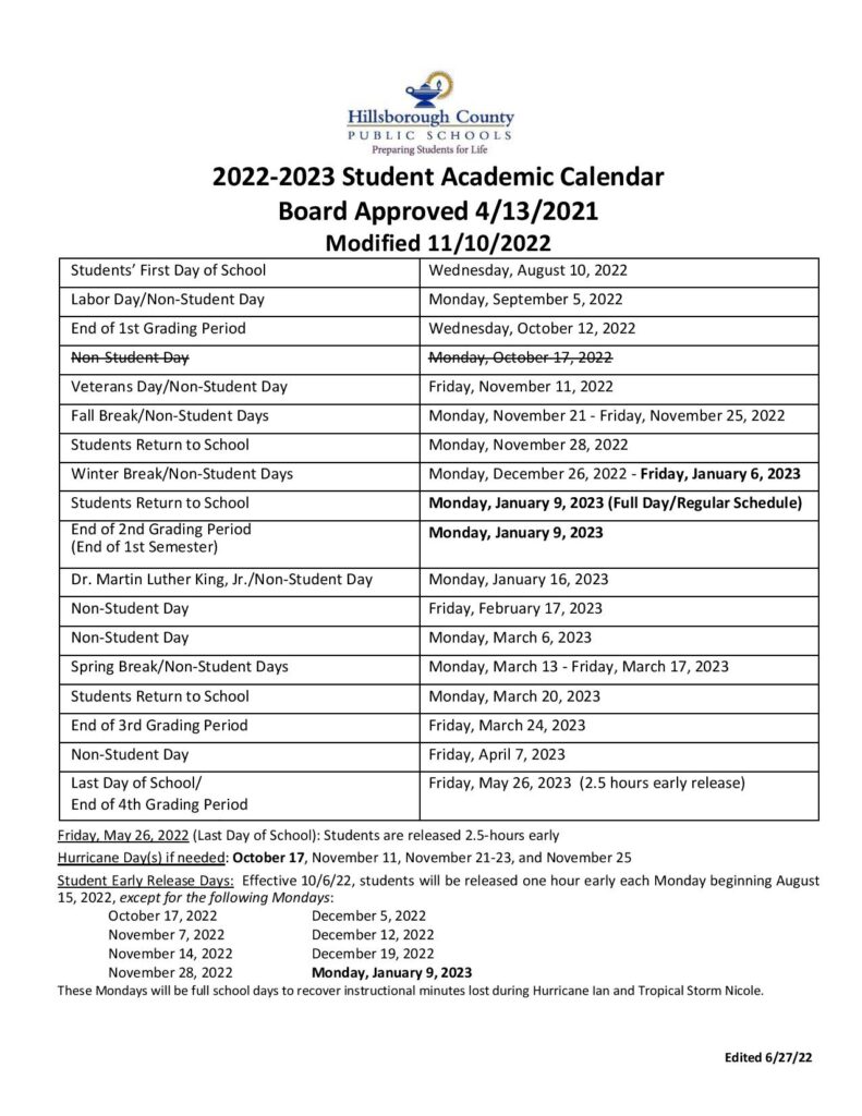 Hillsborough County Public Schools Calendar 2022 2023