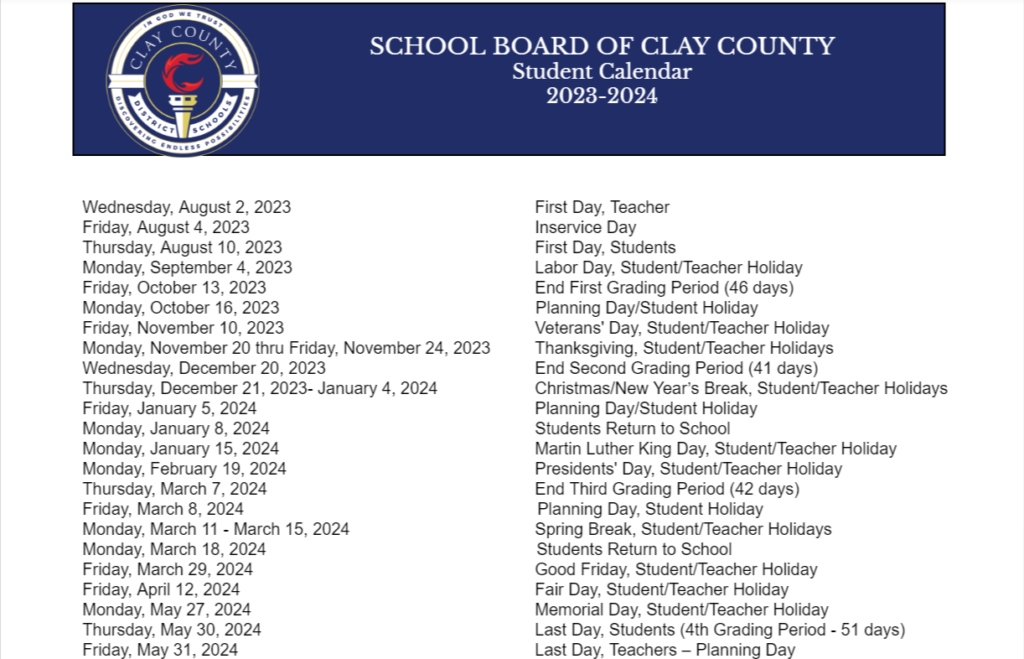 Clay County School District Calendar 20232024