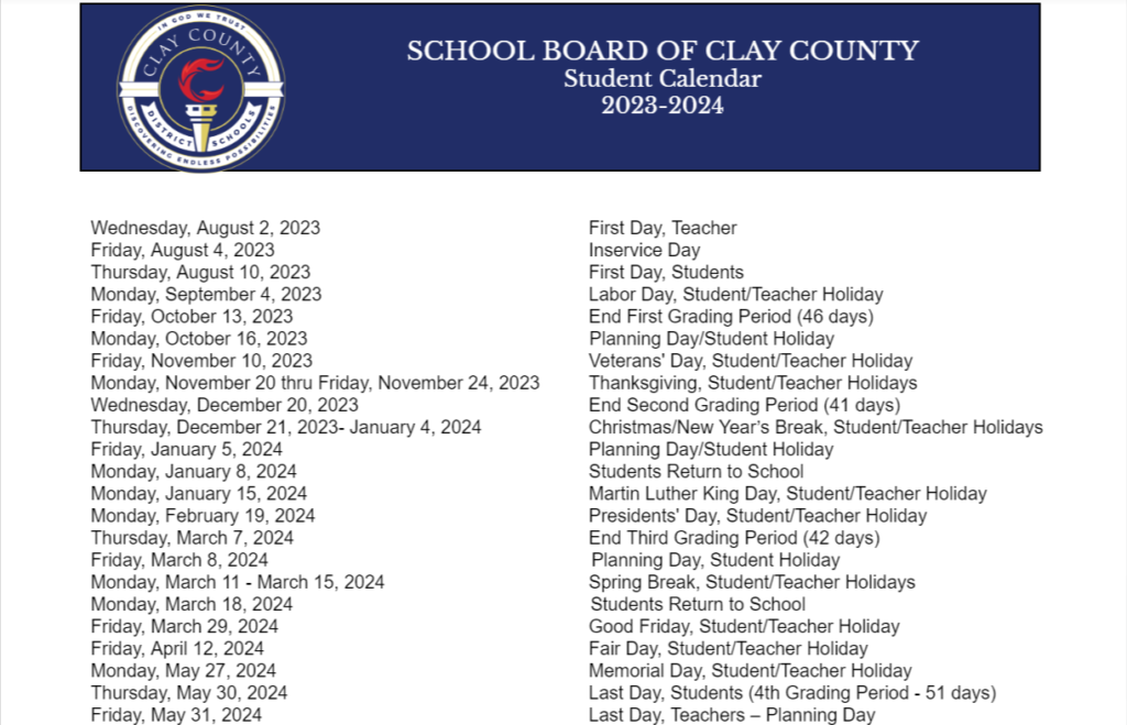 Clay County School District Calendar 2024-2025