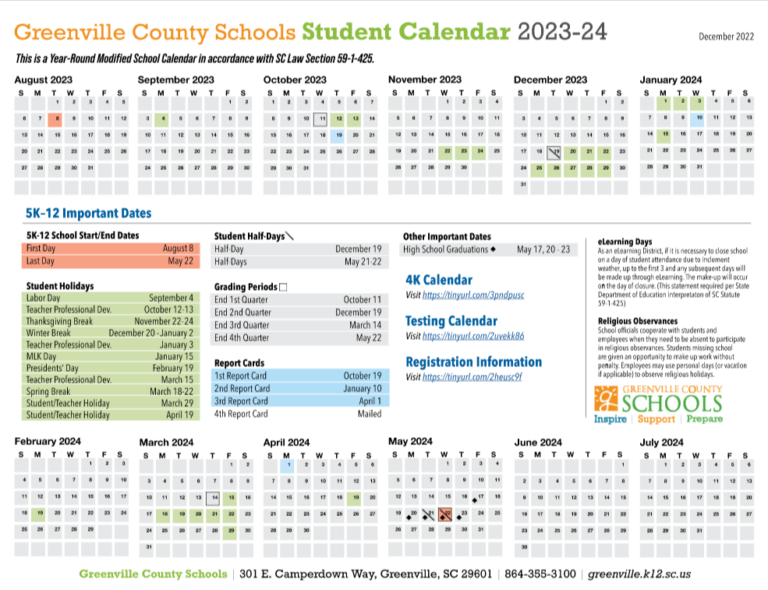 Greenville County Schools Calendar 2023 2024 Holidays