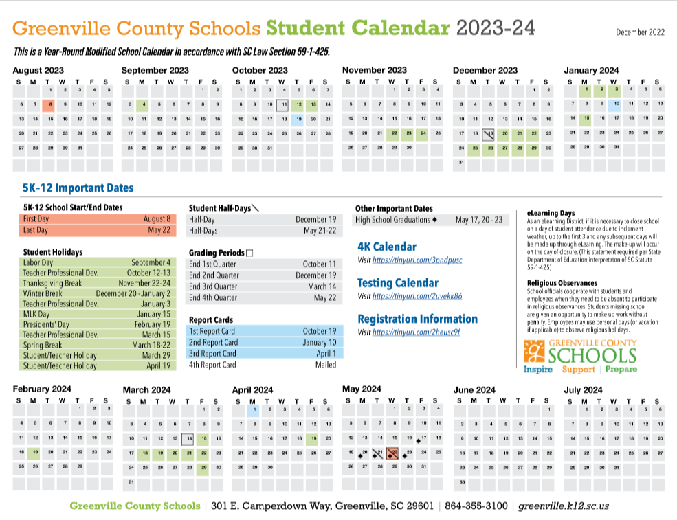 Greenville County Schools Calendar 2023-2024 Holidays