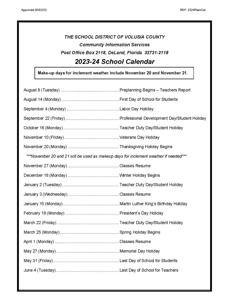 Volusia County Schools Calendar 20232024 with Holidays