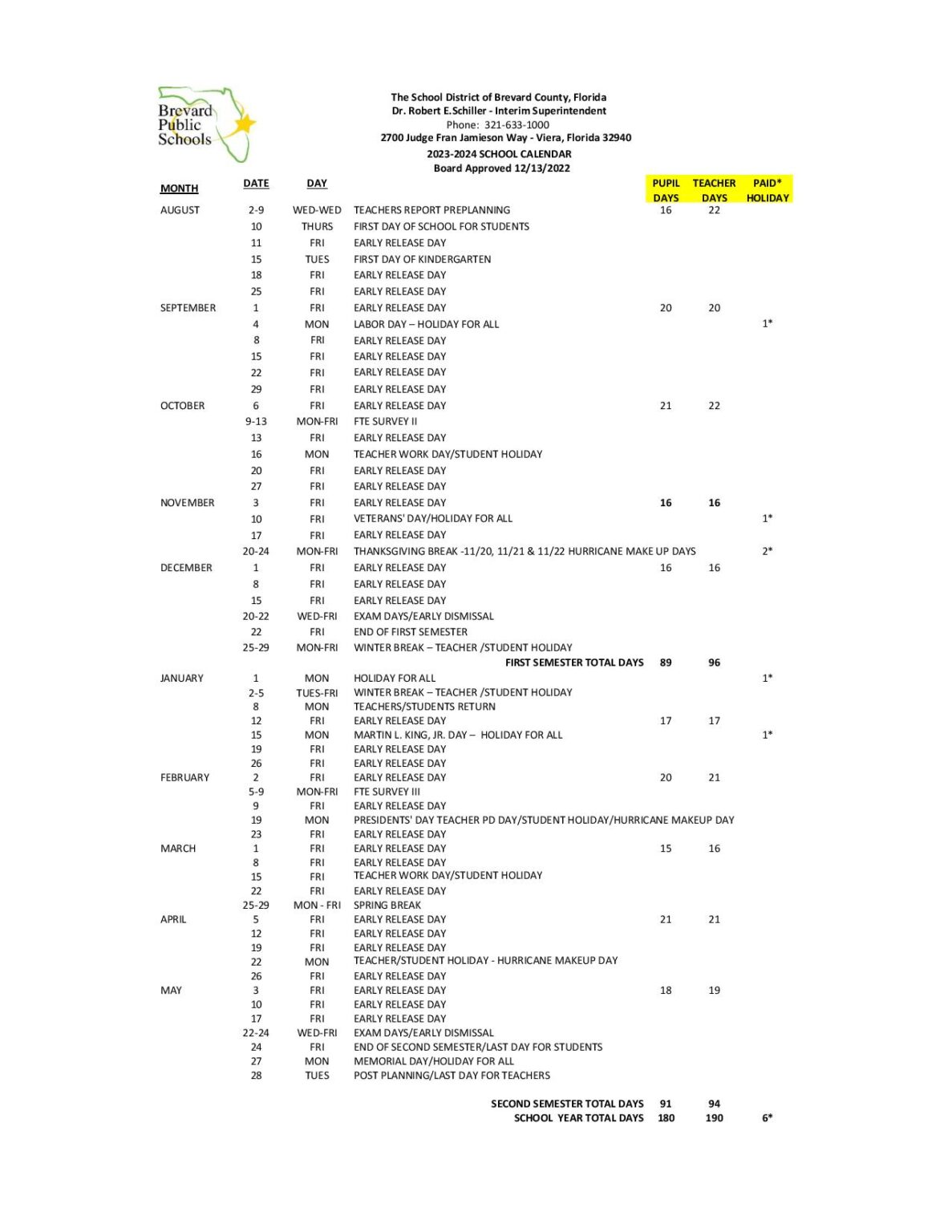 Brevard Public Schools Calendar 20232024 Holidays