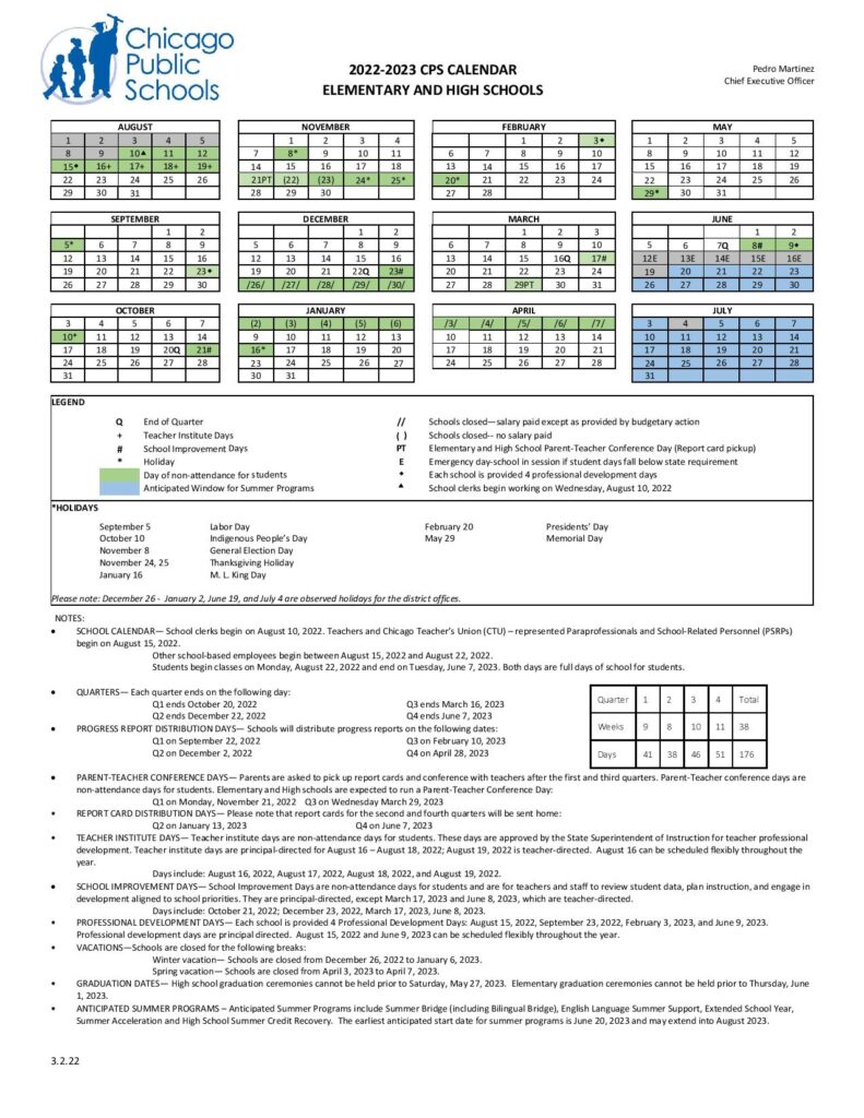 Chicago Public Schools Calendar Holidays 2023 PDF