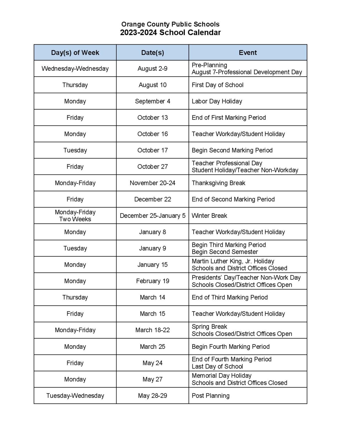 Orange County Public Schools Calendar 20232024 Holidays