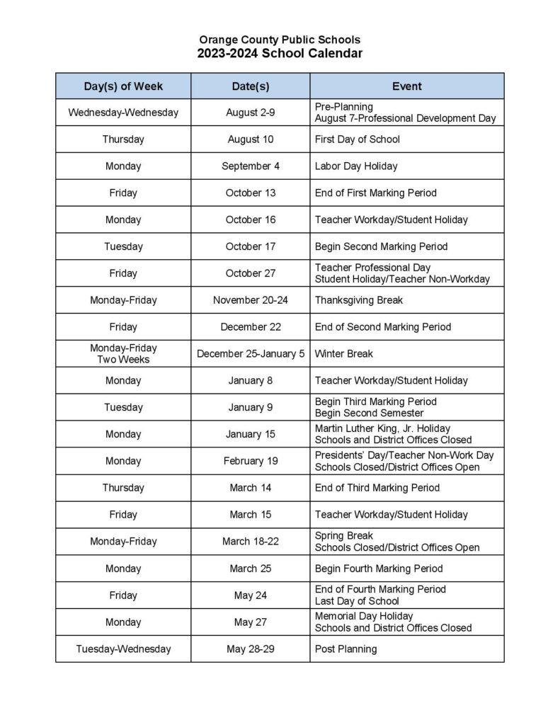 Orange County Public Schools Calendar 2023-2024 Holidays