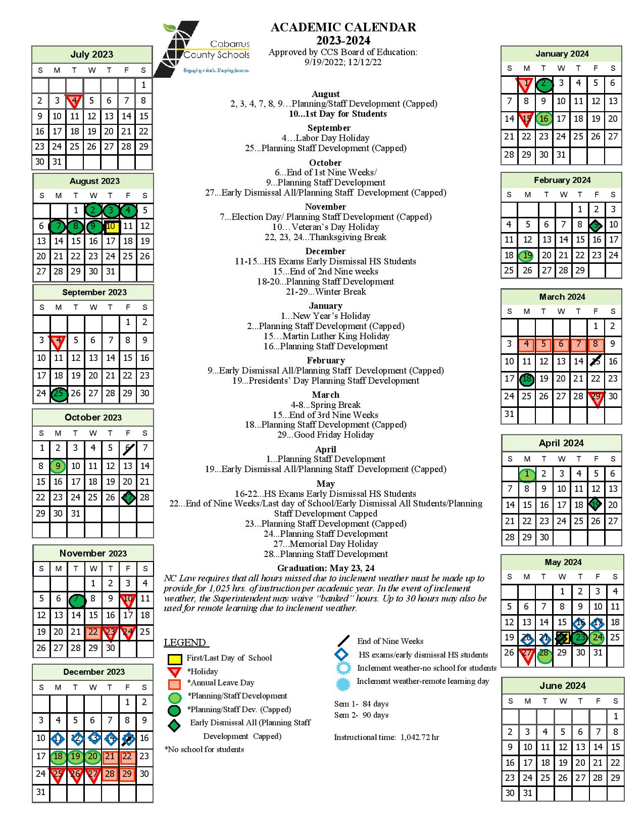 Cabarrus County Schools Calendar 2023-2024 Holidays