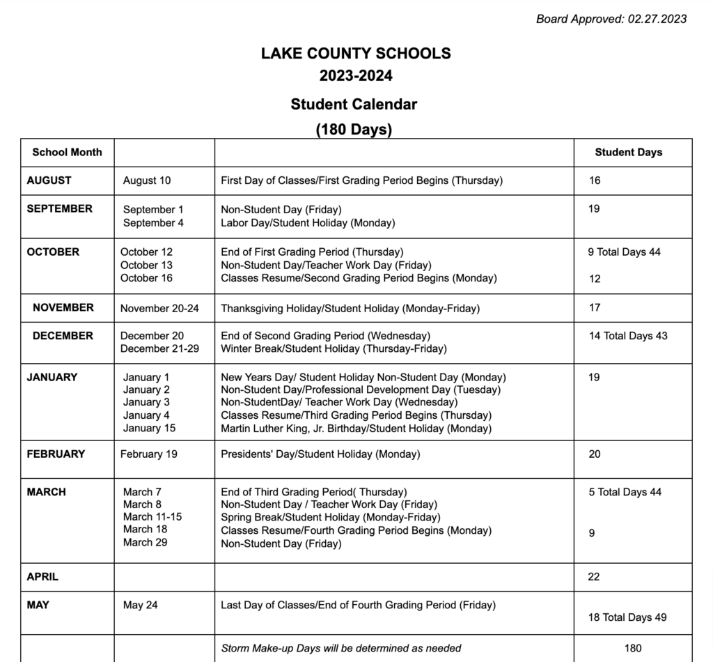 Lake County School Calendar 2025-26