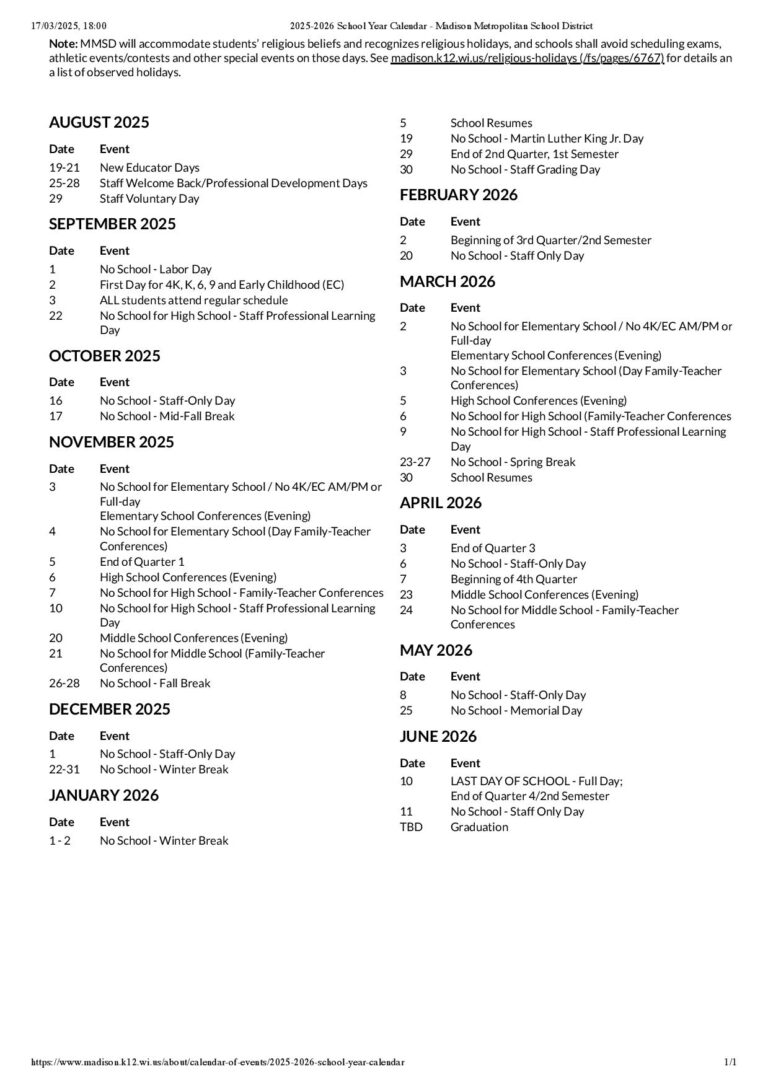MMSD School Calendar 2025 2026 Holidays MMSD School Calendar 2025 2026 Holidays