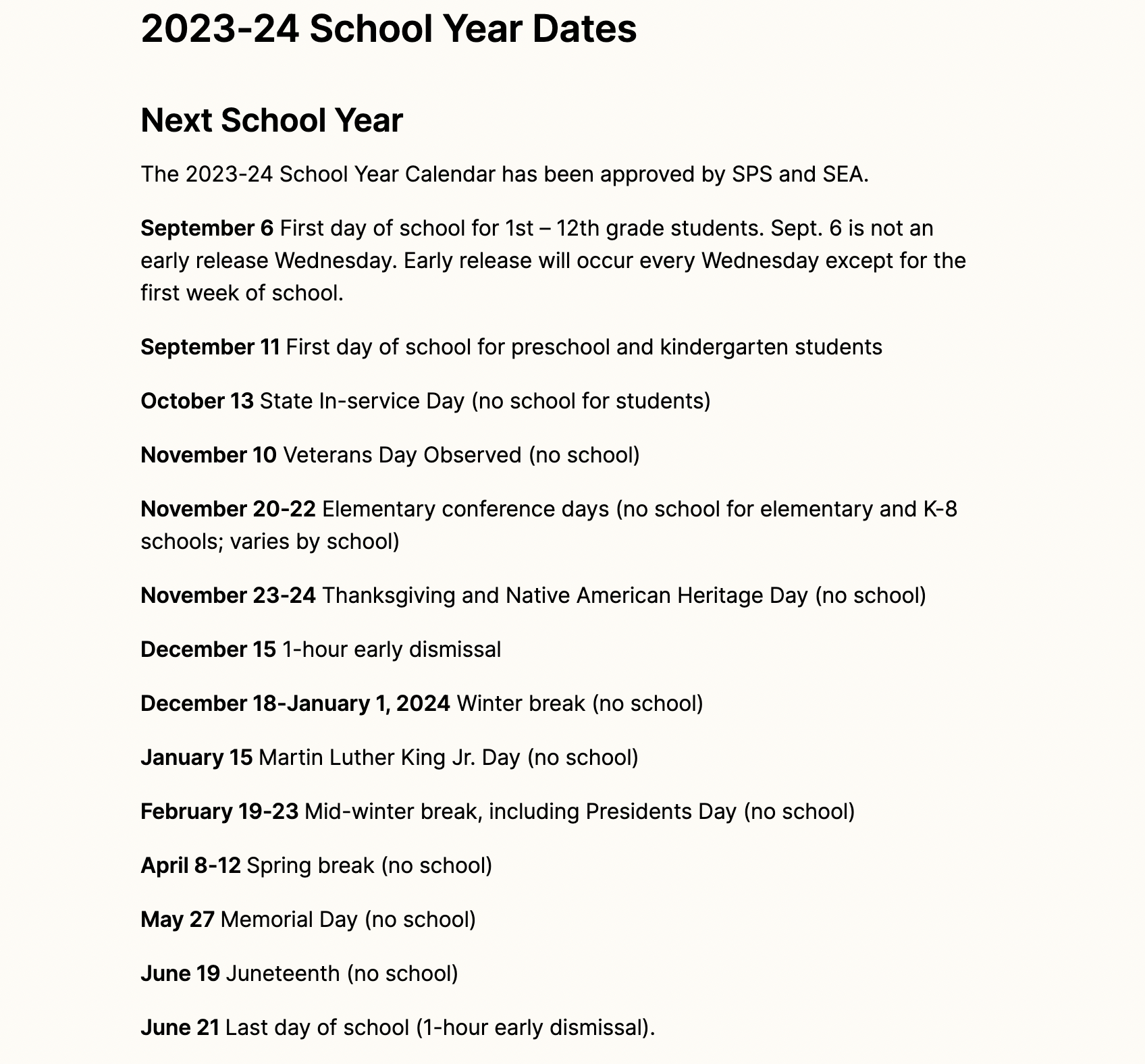 Seattle Public Schools Calendar Holidays 20232024