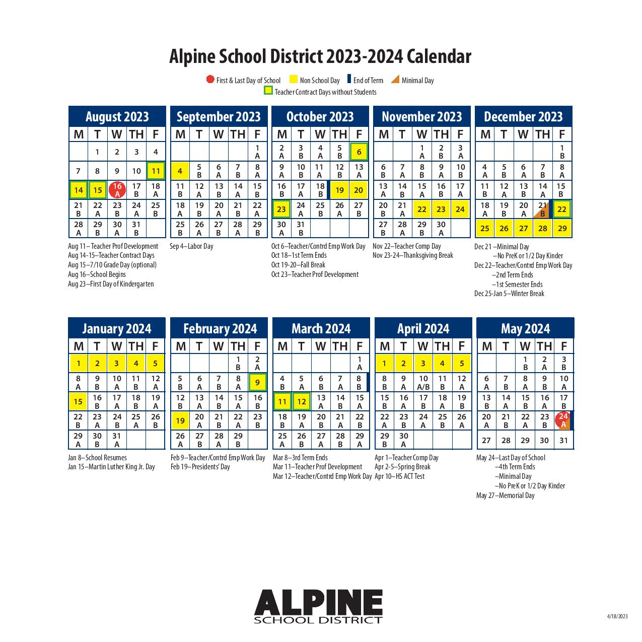 Alpine School District Calendar 2024 2025 (Holiday Breaks)