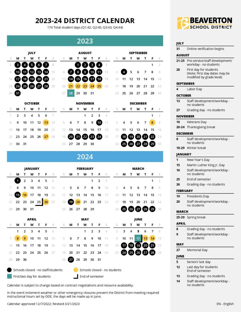 Beaverton School District Calendar