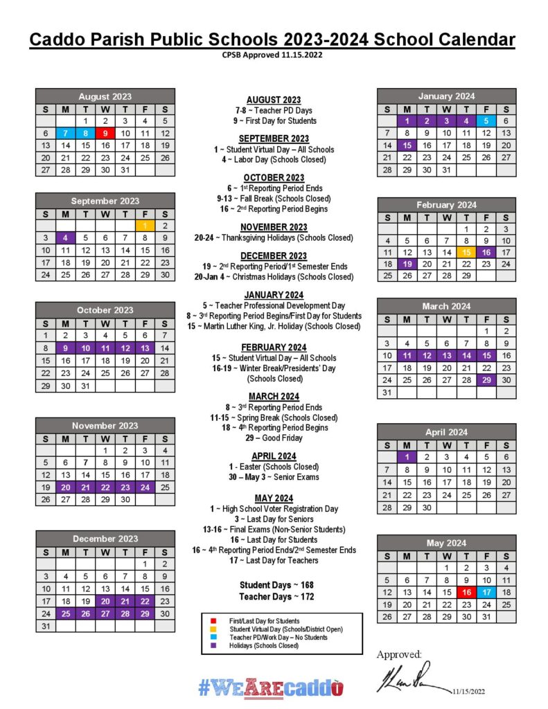 Caddo Parish Public Schools Calendar 2023-2024 (Holiday Breaks)