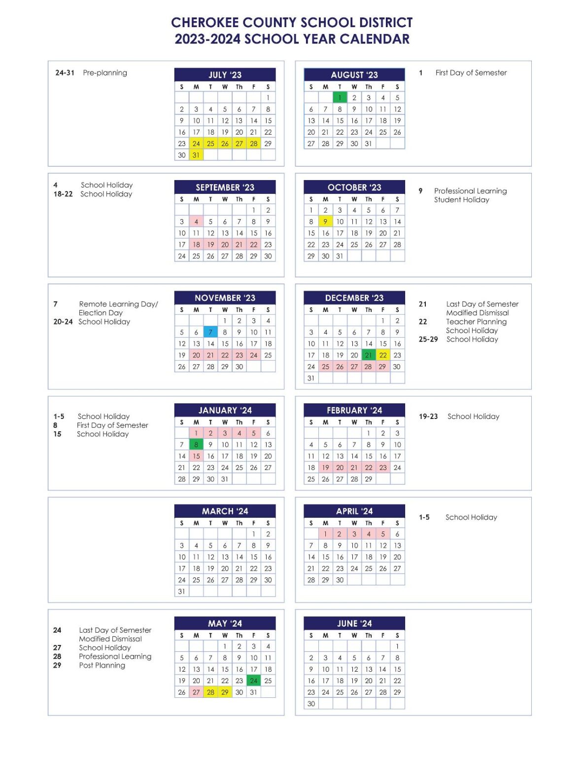 Cherokee County School District Calendar 2024-2025