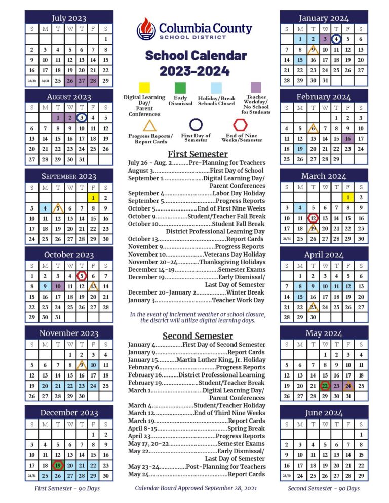 Columbia County School District Calendar 20252025 (Holidays)