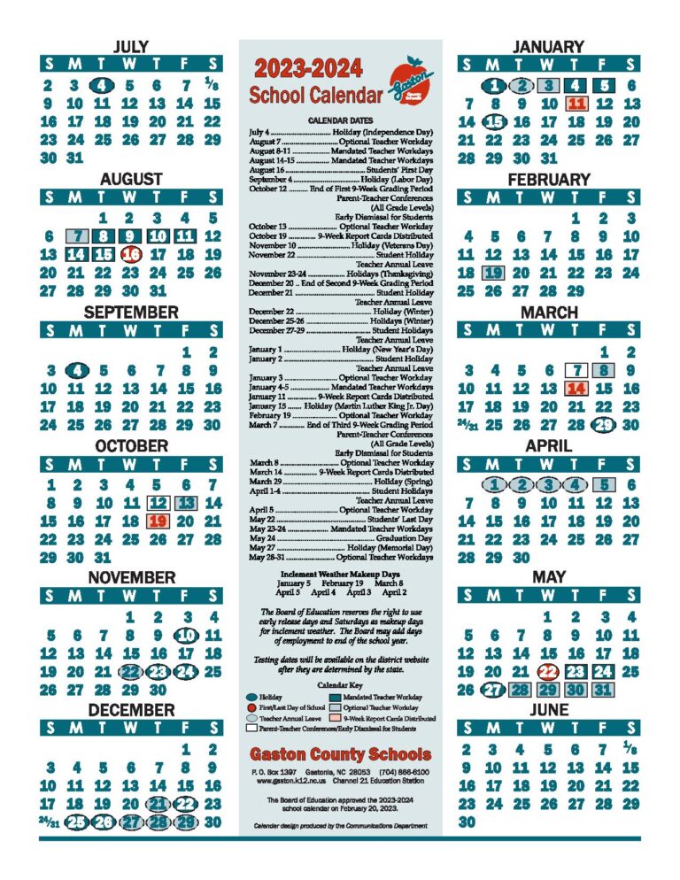 Gaston County Schools Calendar 2023 2024 With Holidays