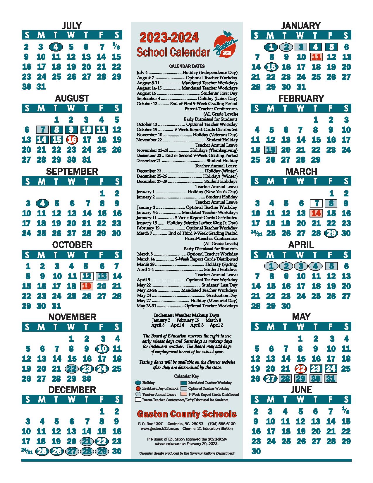 Gaston County Schools Calendar 20232024 with Holidays