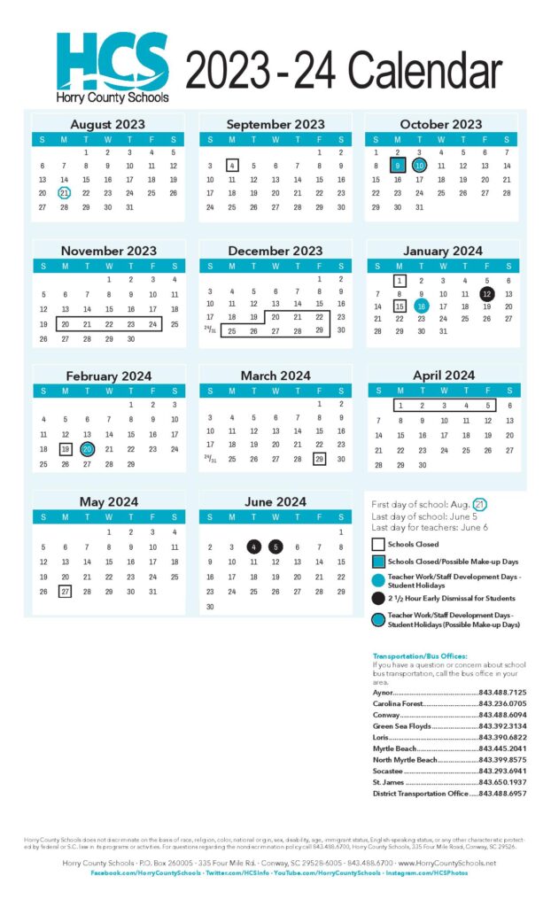Horry County Schools Calendar 2023-2024 with Holidays