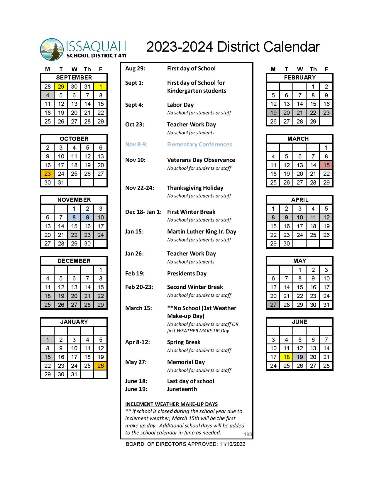 Issaquah School District Calendar 2023-2024