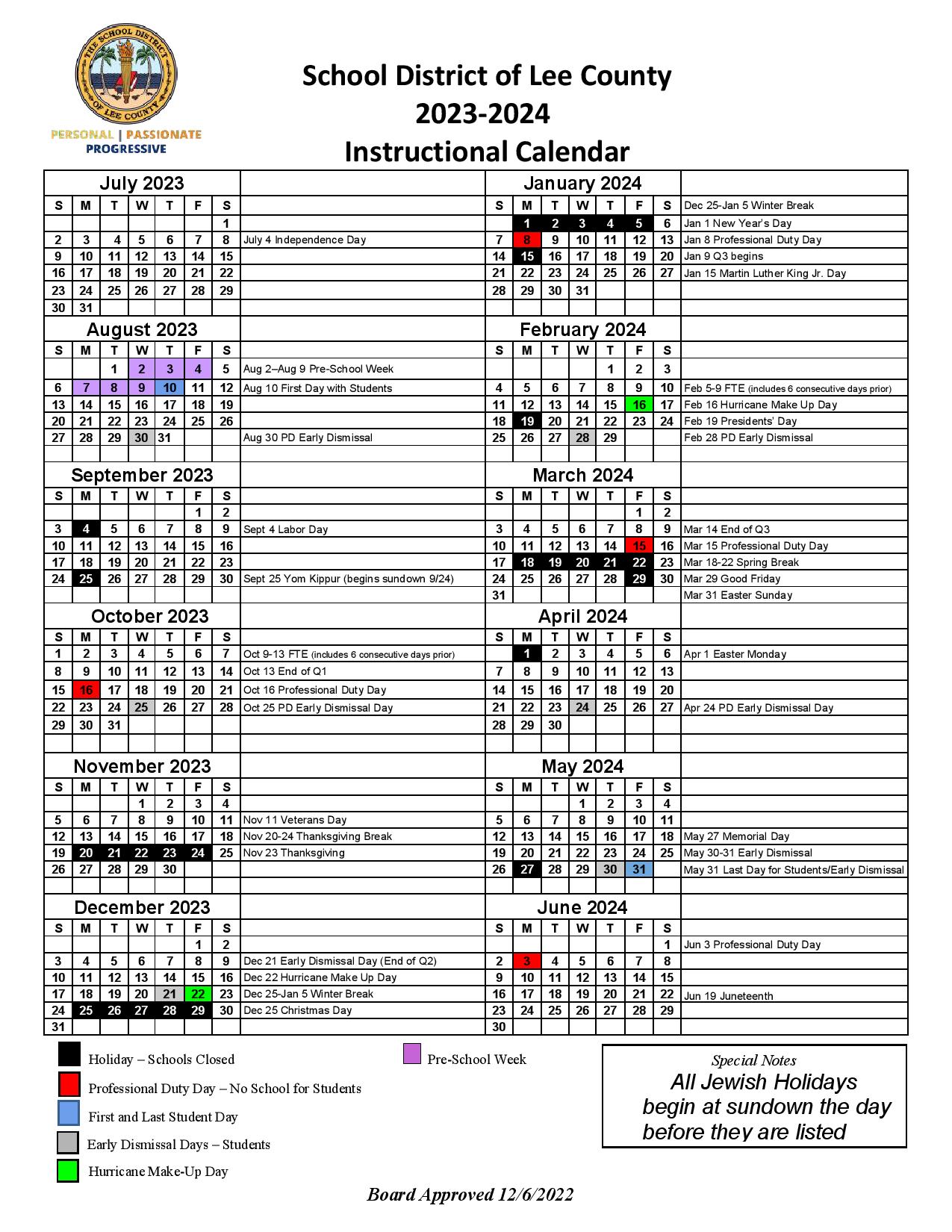 Lee County School District Calendar 2023-2024 with Holidays