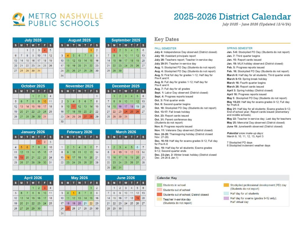 Metro Nashville Public Schools Calendar 2025-2026