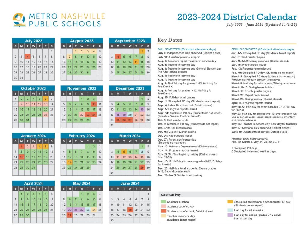 Metro Nashville Public Schools Calendar 2023-2024 Holidays