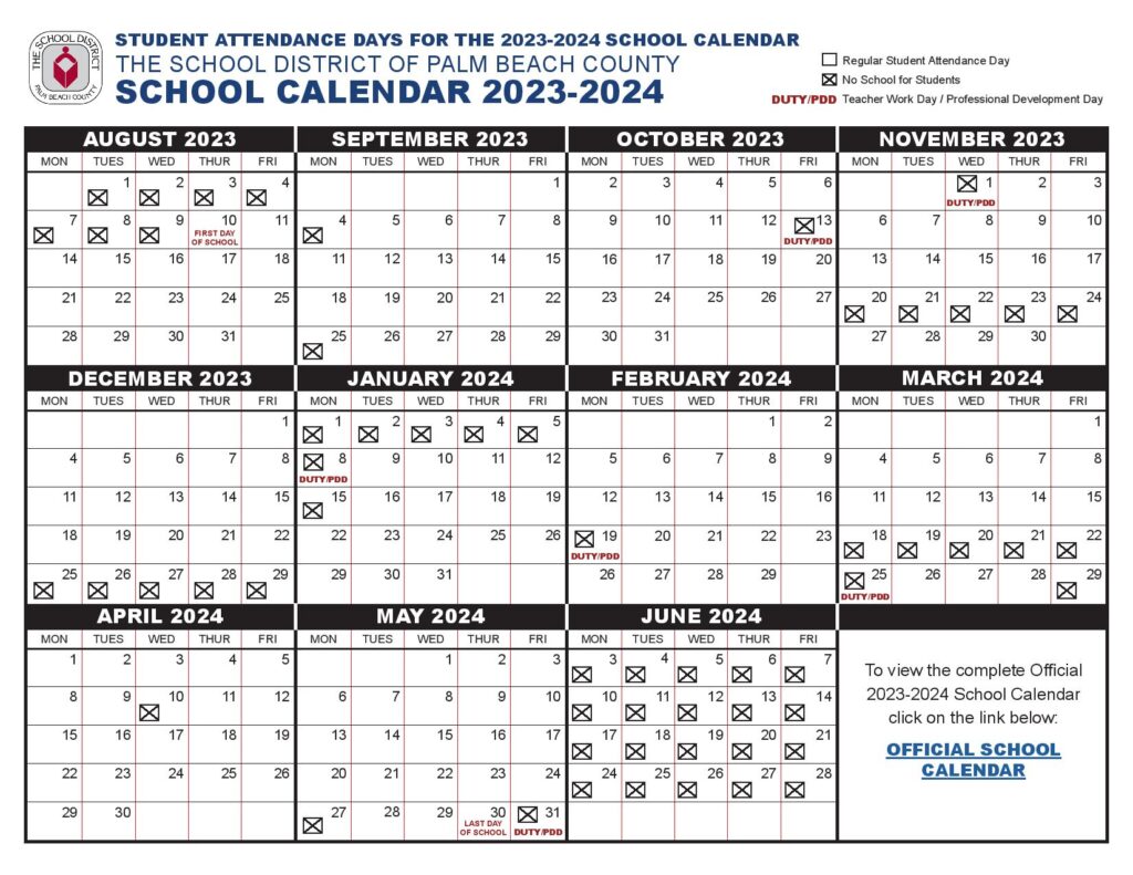 Palm Beach County School District Calendar 20232024 (Holidays)