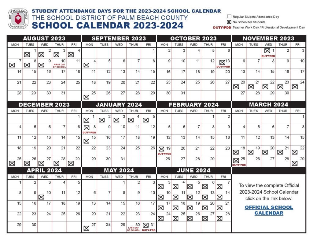 Palm Beach County School District Calendar 2024-2025 (Holidays)