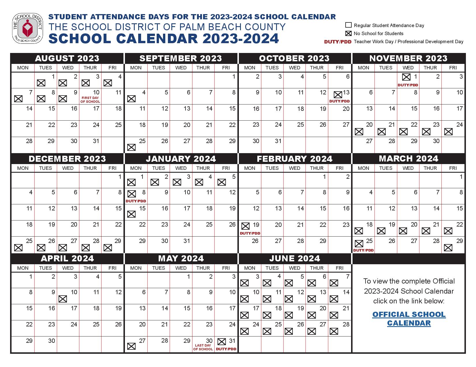 Palm Beach County School District Calendar Page 001 1 
