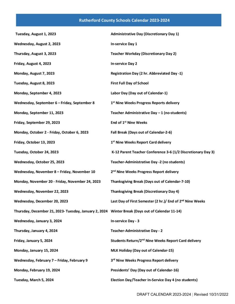 Rutherford County Schools Calendar 20232024 Holidays