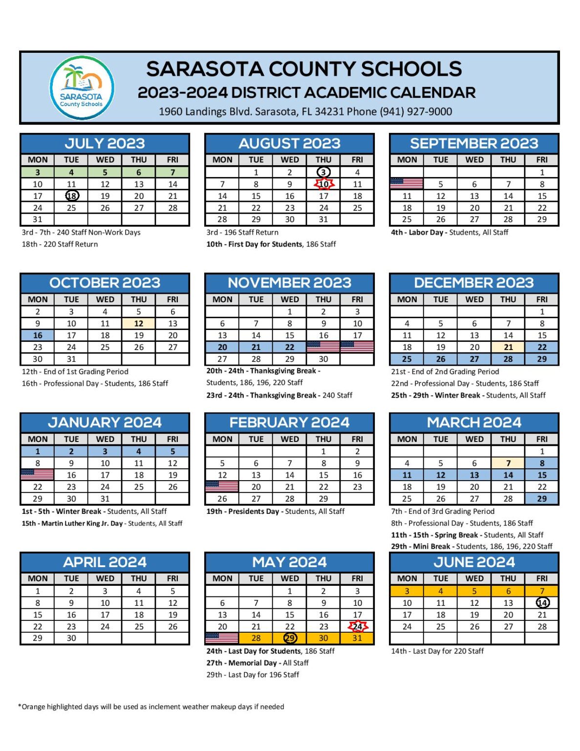 Sarasota County Schools Calendar 2023 2024 Holidays