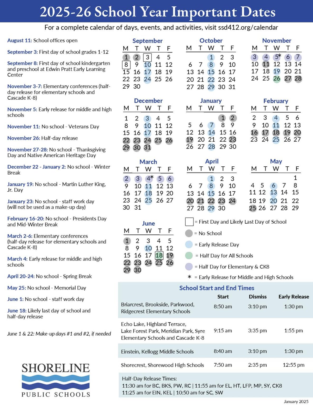 Shoreline Public Schools Calendar 2025 2026 (Holiday Breaks) Shoreline Public Schools Calendar 2025 2026 (Holiday Breaks)