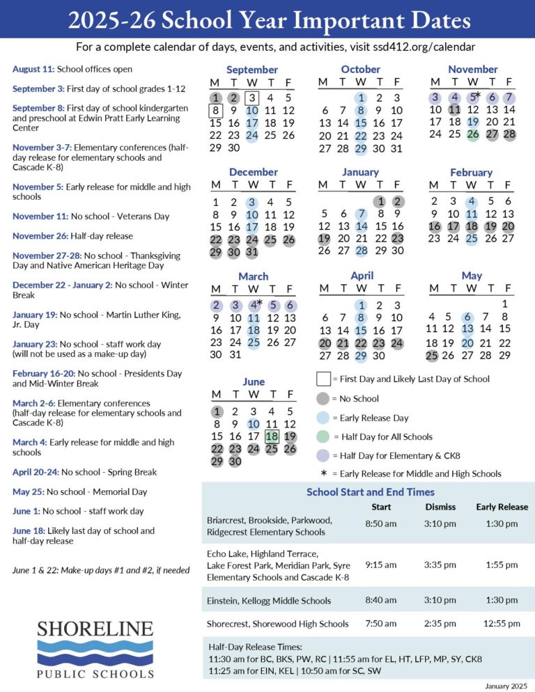 Shoreline Public Schools Calendar 2025 2026 (Holiday Breaks) Shoreline Public Schools Calendar 2025 2026 (Holiday Breaks)