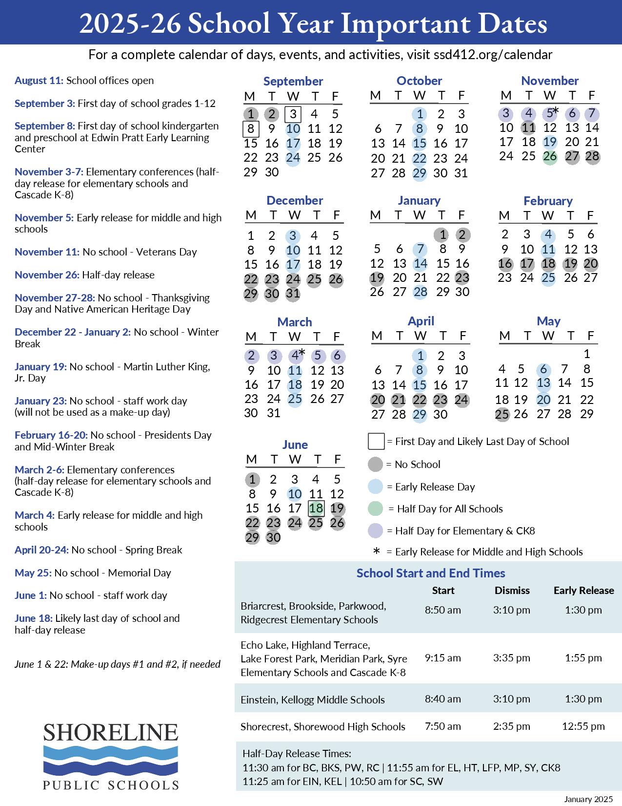 Shoreline Public Schools Calendar 2025 2026 (Holiday Breaks) Shoreline Public Schools Calendar 2025 2026 (Holiday Breaks)