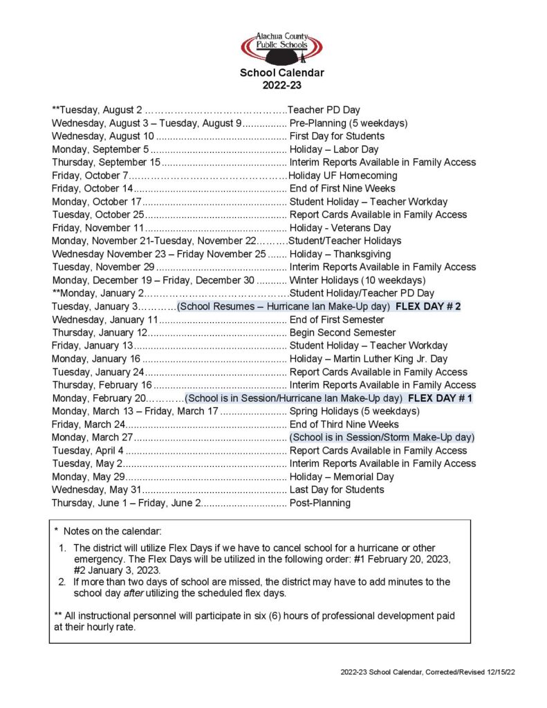 Alachua County Public Schools Calendar 791x1024 