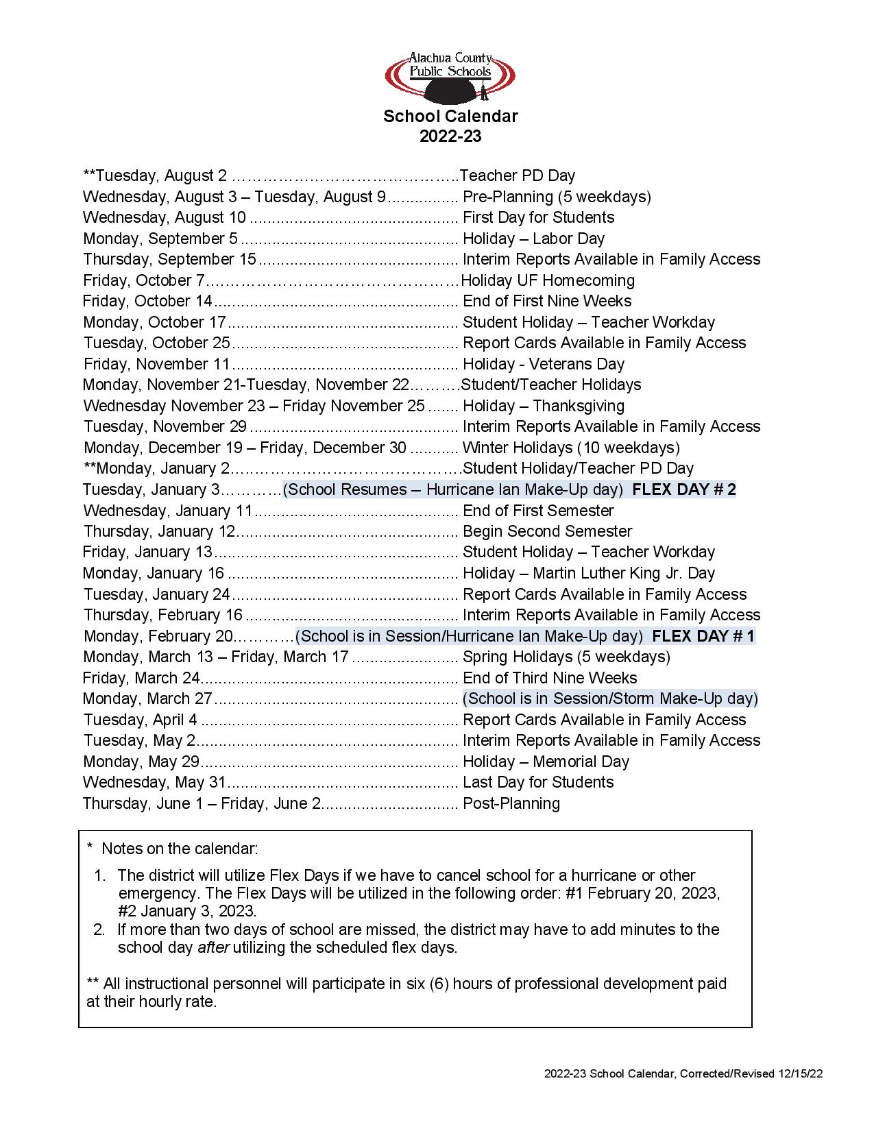 Alachua County Public Schools Calendar 2024 [Holidays]