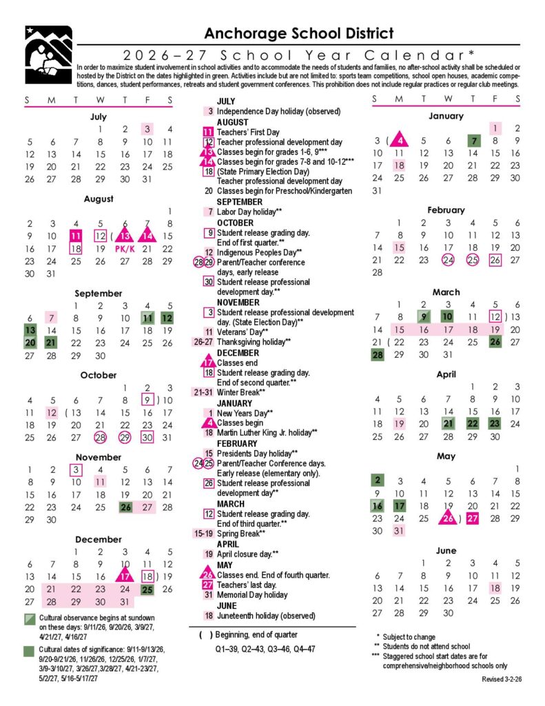 Anchorage School District Calendar 2026-2027