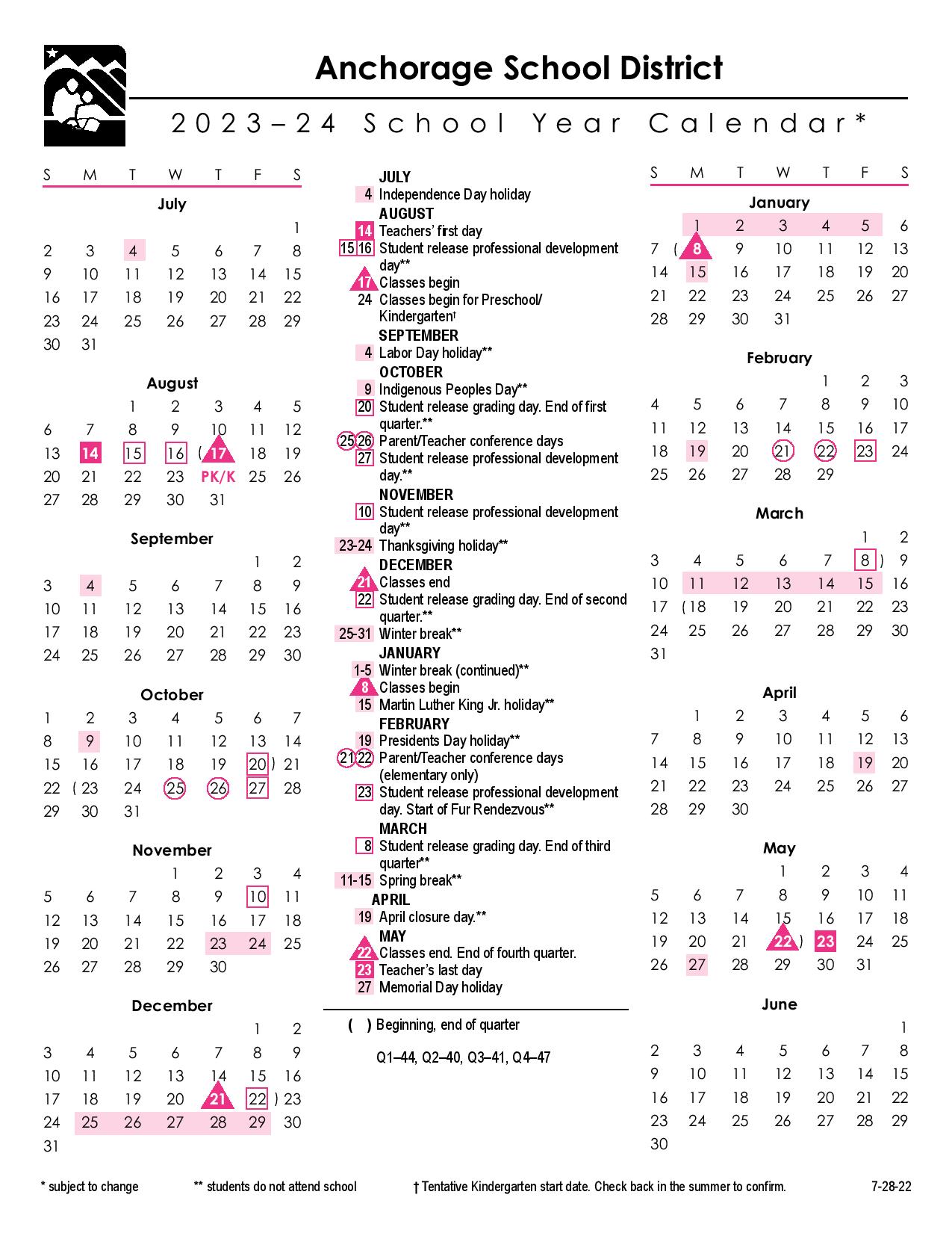 Anchorage School District Calendar 20242025 [Holiday Breaks]