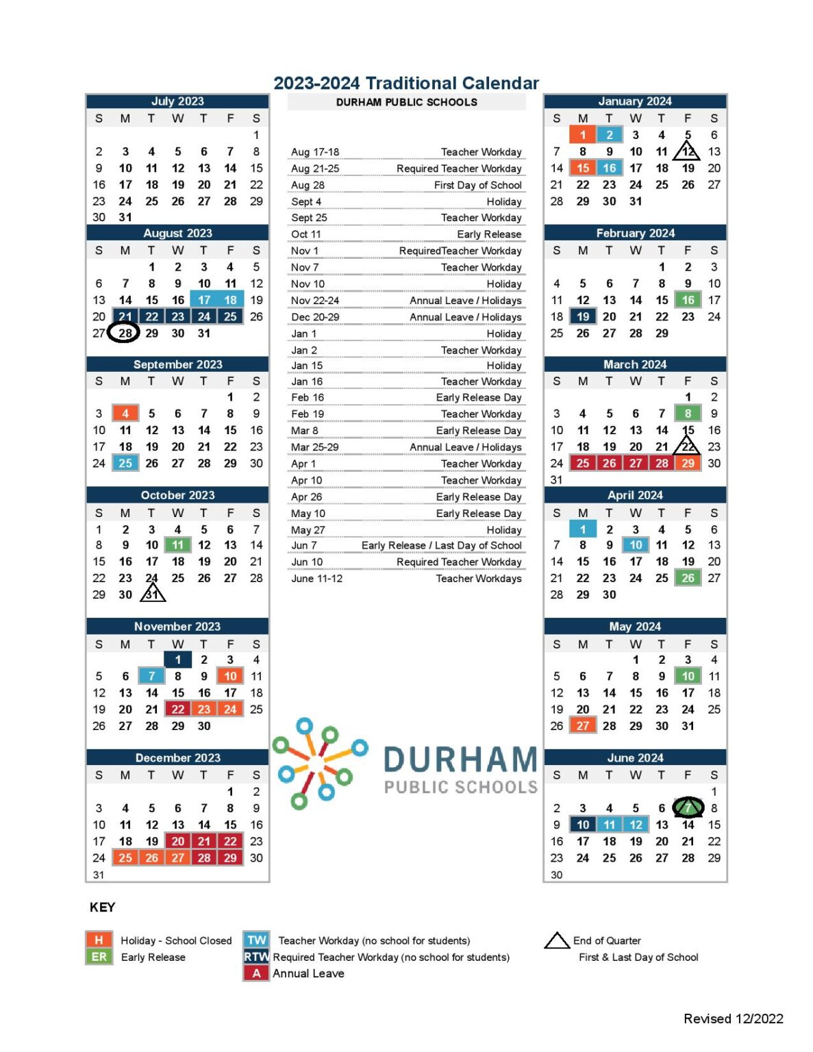 Durham Public Schools Calendar 20232024 (Holiday Breaks)