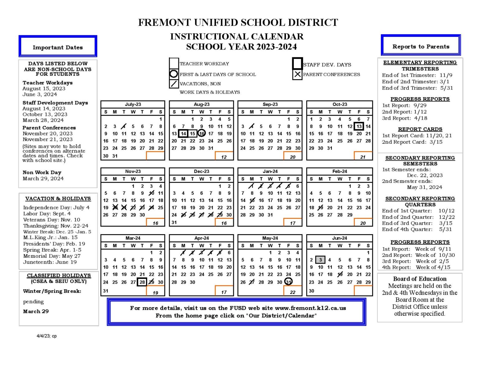 Fremont Unified School District Calendar 20232024 (Holidays)