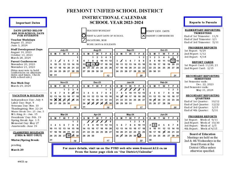 Fremont Unified School District Calendar 2023-2024 (Holidays)