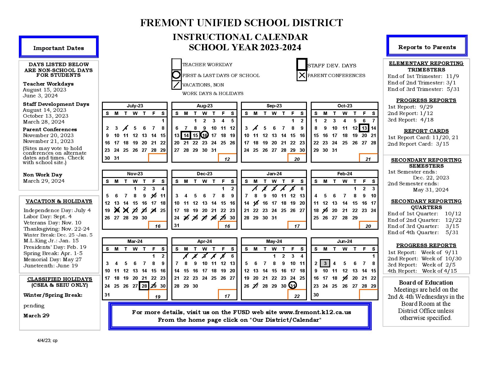 Fremont Unified School District Calendar 20242025 (Holidays)