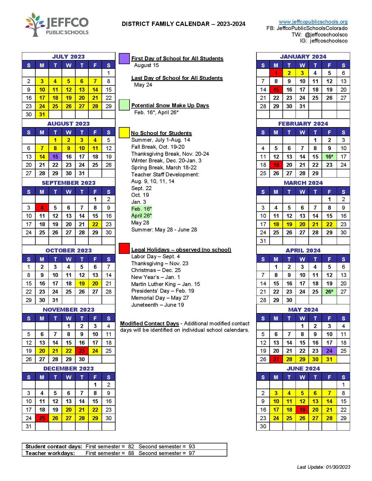 Jeffco Public Schools Calendar 2023-2024 (Holiday Breaks)