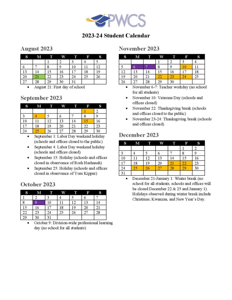 Prince William County Schools Calendar 2025-2025 [Holidays]