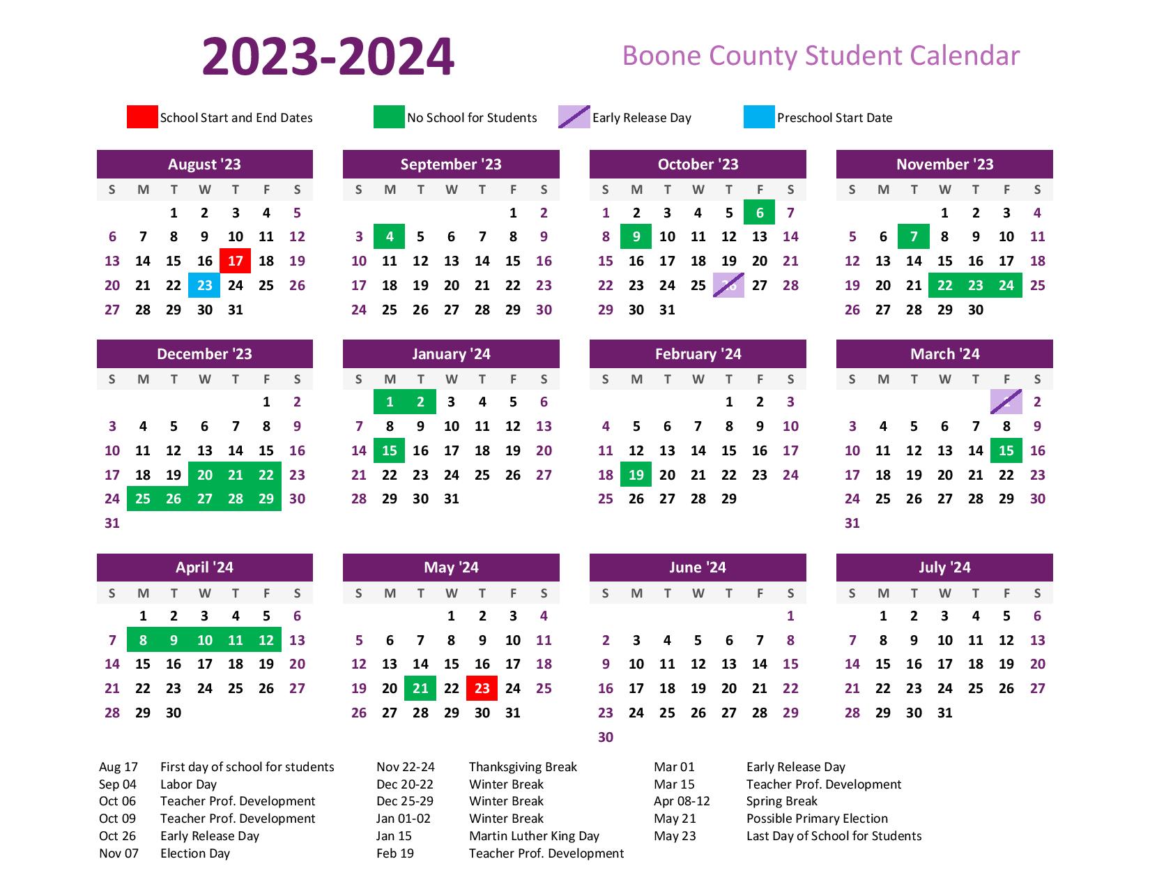 Boone County Schools Calendar 20242025 [Holiday Breaks]
