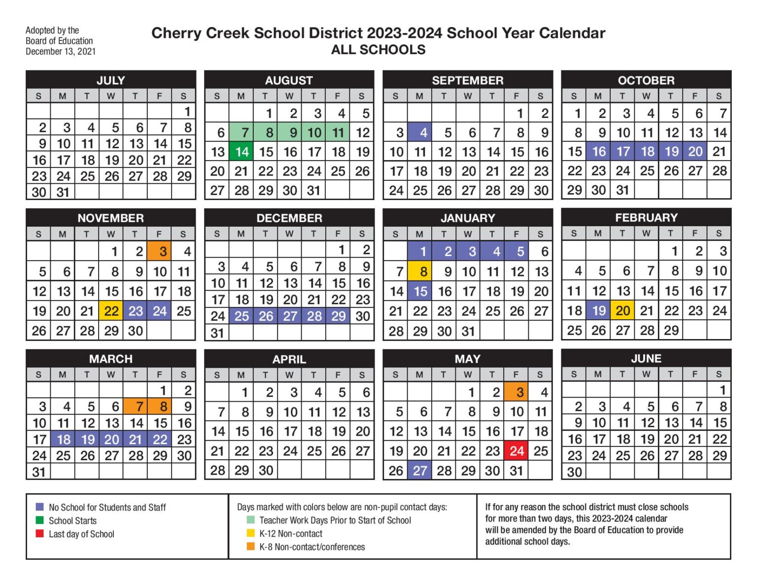 Cherry Creek School District Calendar 20232024 (Holiday Breaks)