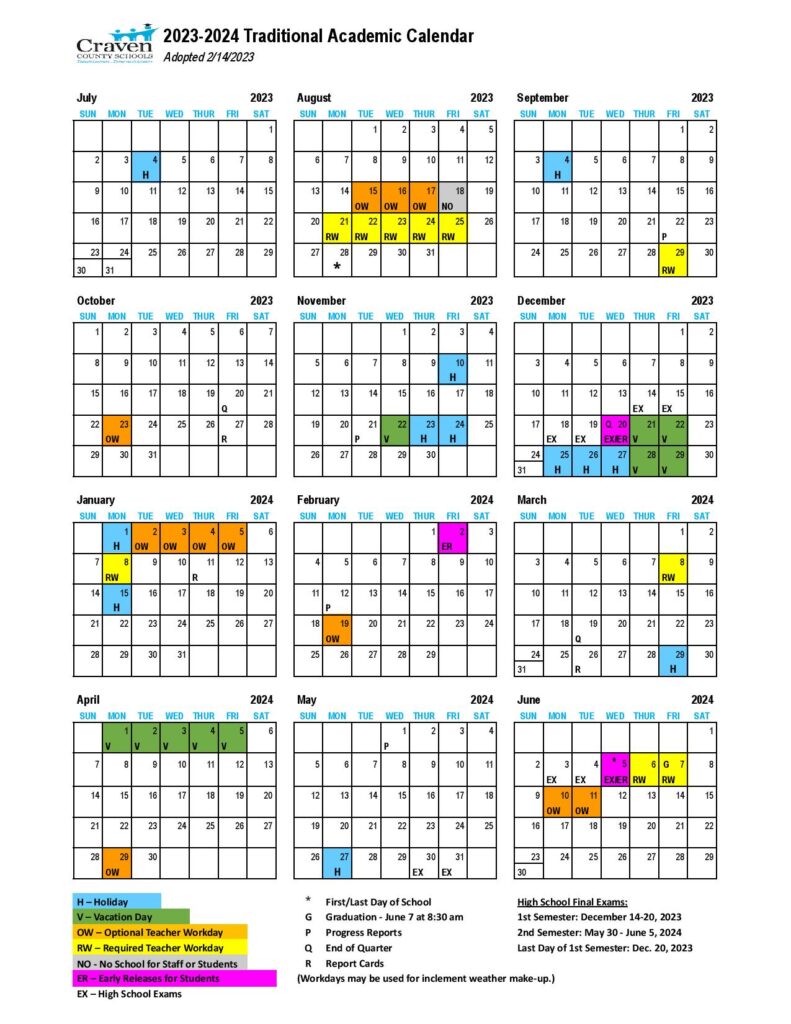 Craven County Schools Calendar 2023-2024 (Holiday Breaks)