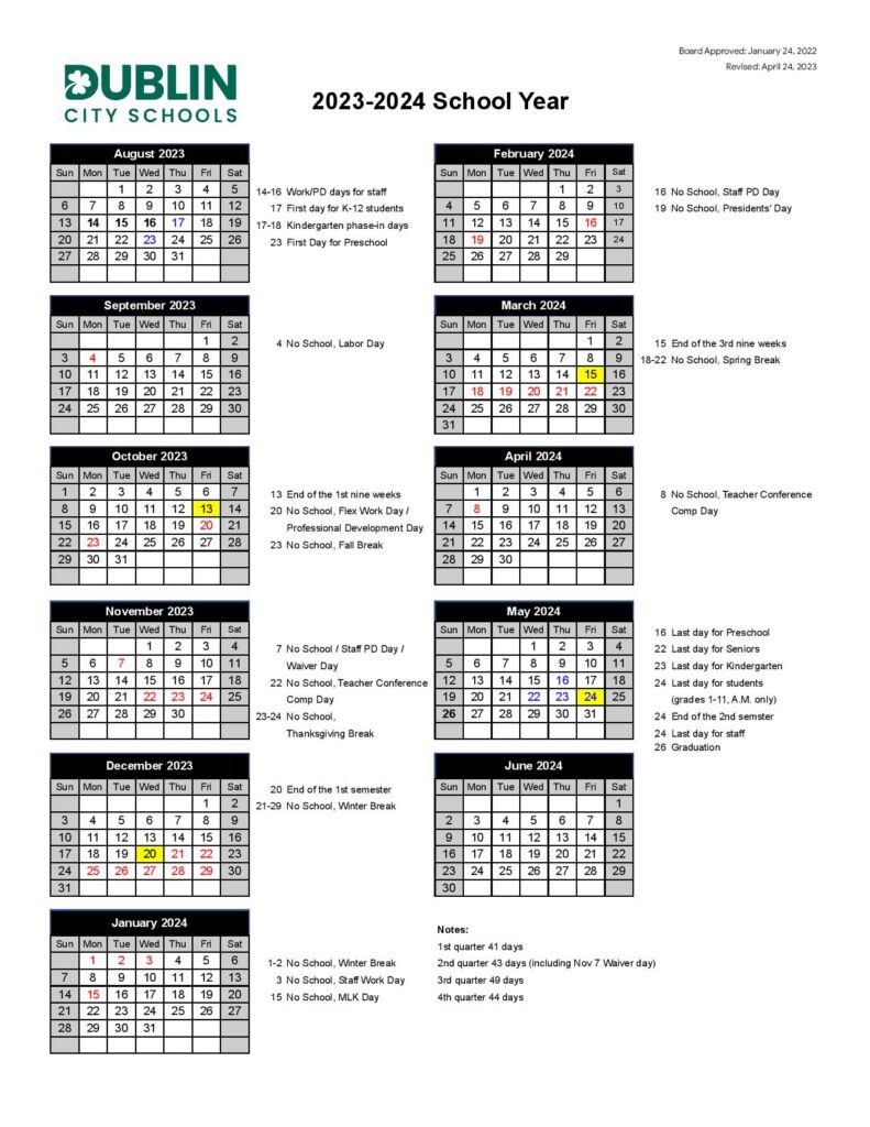 Dublin City Schools Calendar 2023-2024 (Holiday Breaks)