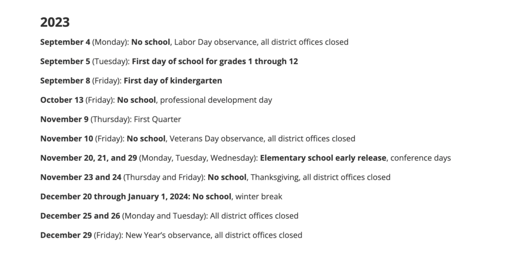 Bellevue School District Calendar