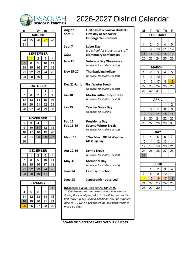Issaquah School District Calendar 2026-2027